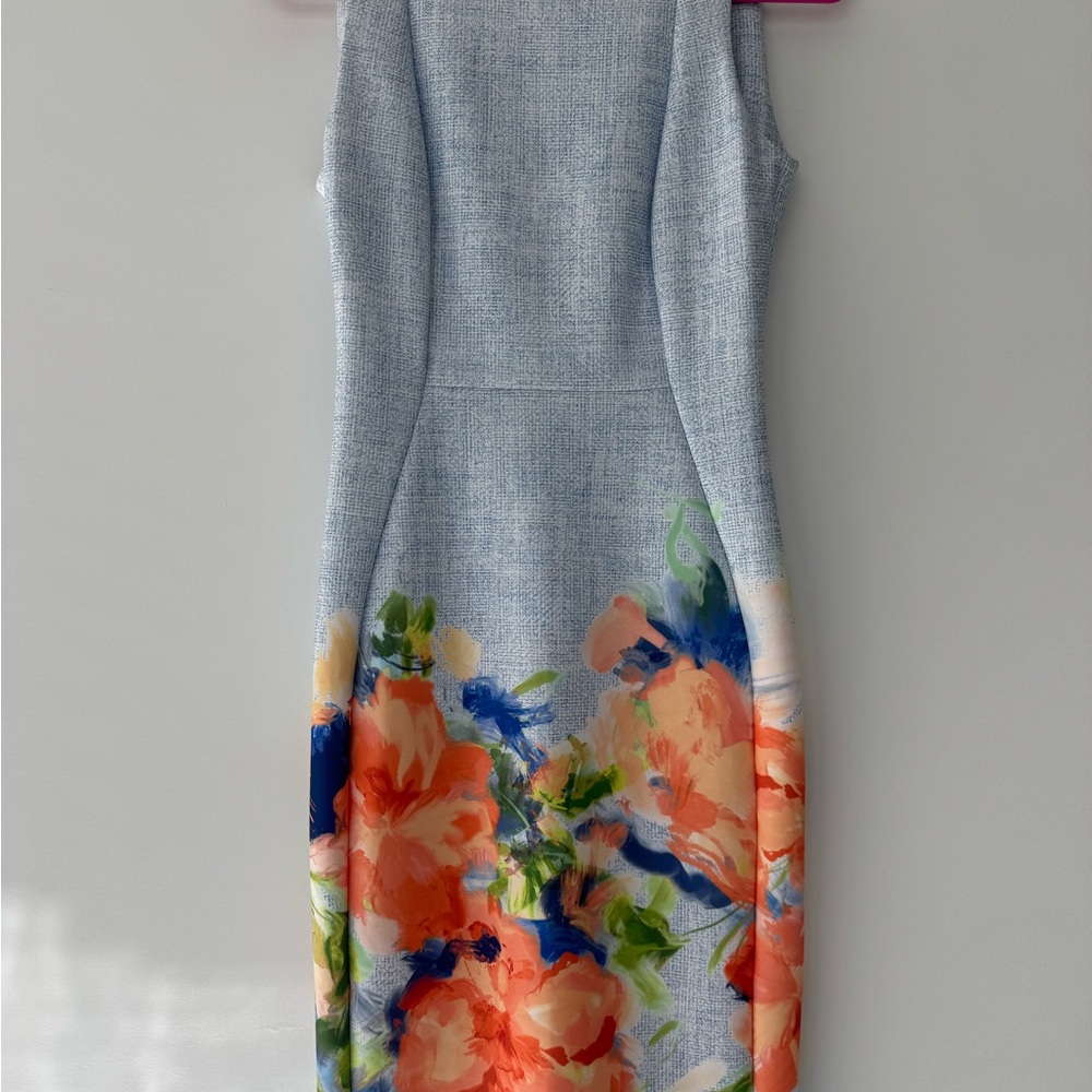 Calvin Klein Light Blue Sheath Dress with Coral Floral Hem. Worn once